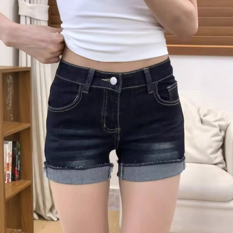 American-Style Dark Blue Denim Shorts for Women, 2026 Summer New Style, Plus-Size Low-Waist Slimming Hot Girl Rolled-Edge A-Line Shorts
