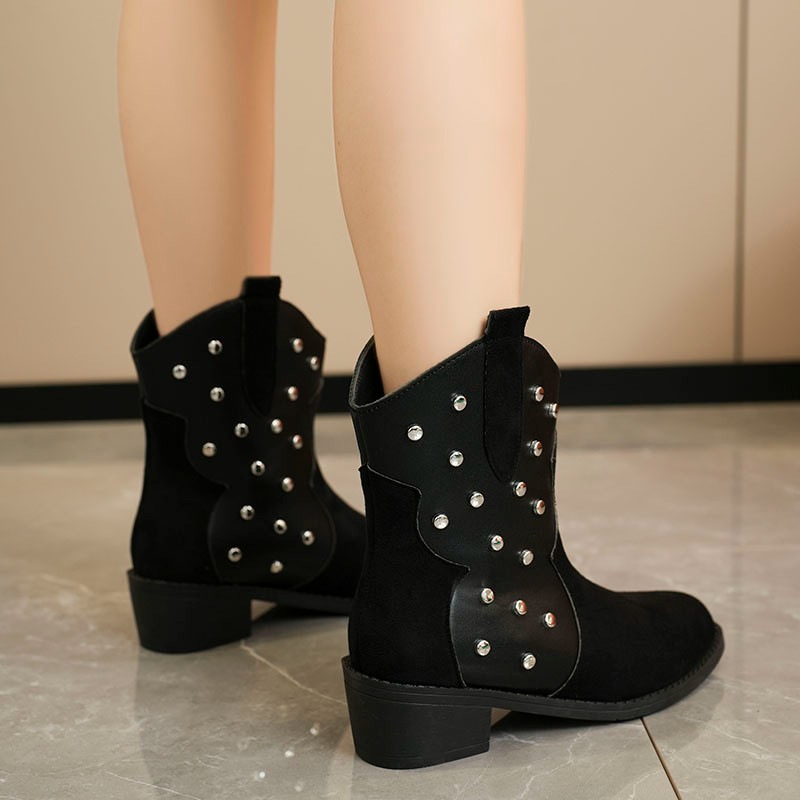 Women's Shoes large size winter women's boots rivet decoration retro pointed thick heel short boots sleeve Martin boots_voghion.com
