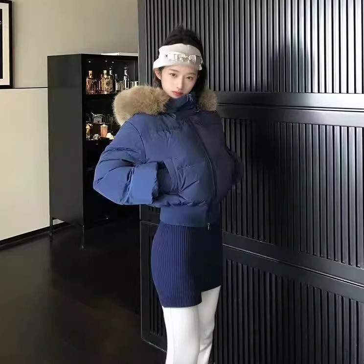 芬兰雪境 冬季毛领连帽收腰加厚短款羽绒棉服女|undefined