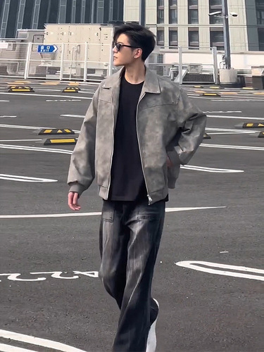 Cleanfit Gray Short-Length Leather Jacket American Grit Stylish High-End Men's Clothing Retro Collar Motorcycle Leather Jacket