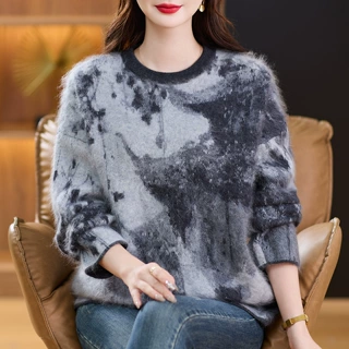 2026年秋冬新款羊毛拉毛圆领针织衫长袖女拉绒水墨印花羊毛衫上衣