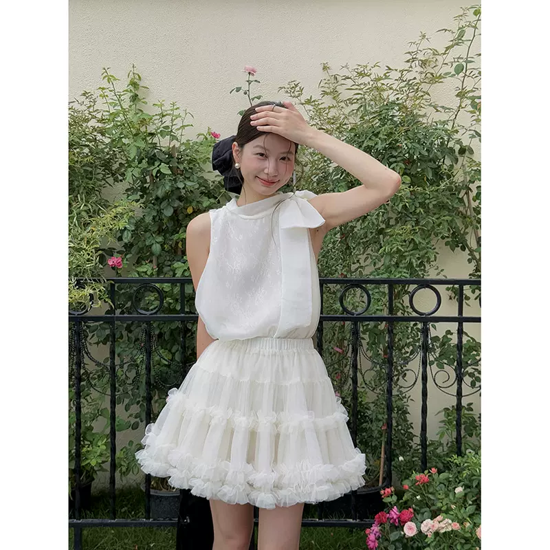 【梦境芭蕾】歌铭复古蕾丝网纱半身裙女夏季高腰A字蓬蓬短裙N139C