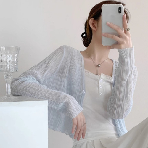 Sunscreen cardigan for women with thin suspender skirt summer short top bamboo joints ice silk with long sleeve collar blouse