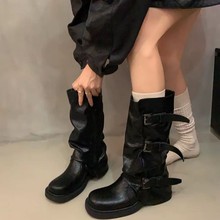 2025皮带扣中筒堆堆靴子女秋冬新款复古西部牛仔靴褶皱裤管马丁靴