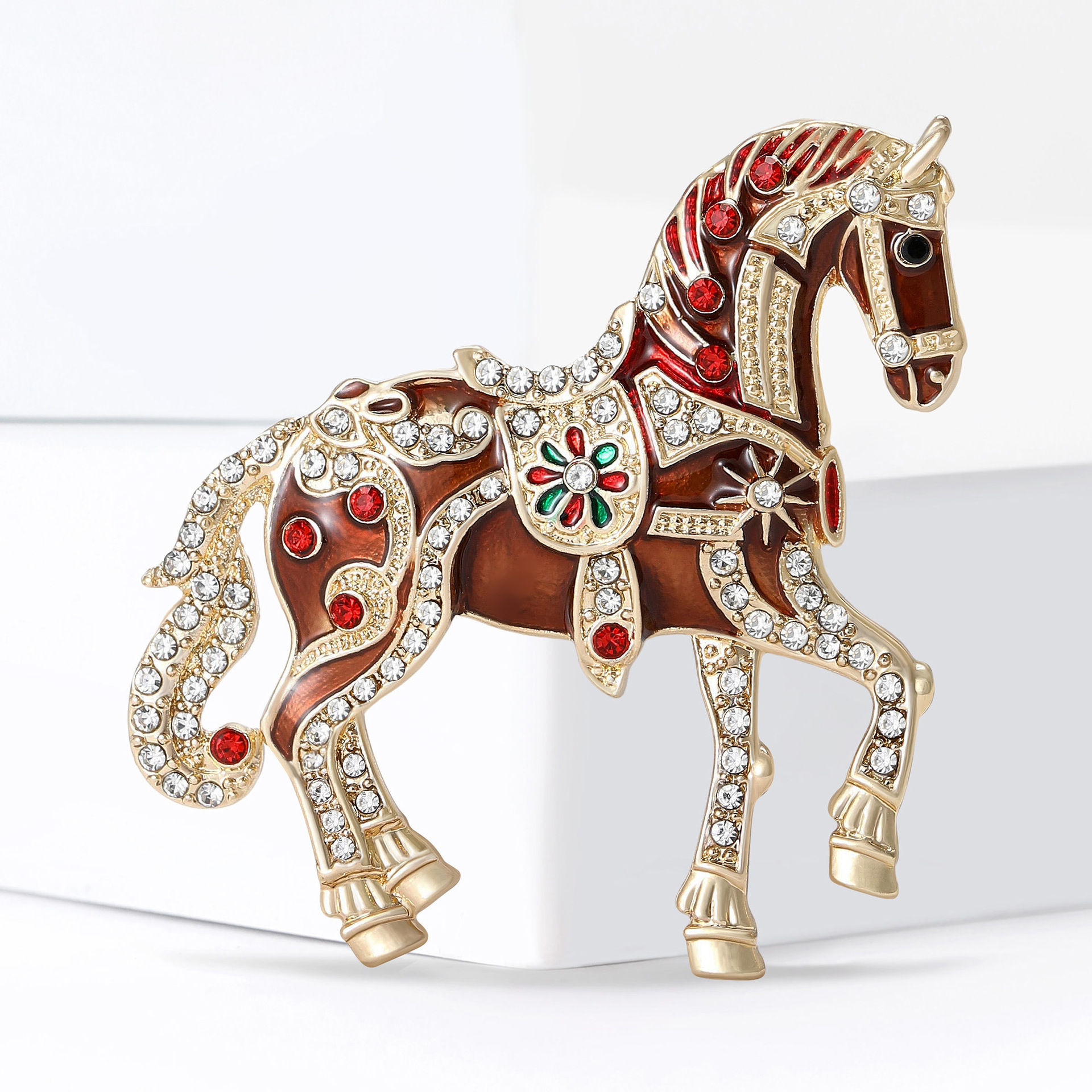 Cross-Border Diamond-Encrusted Palace-Style Enamel Light Luxury Horse Brooch for Men and Women, Suit Coat Brooch, Jewelry Pin, Zodiac Accessory