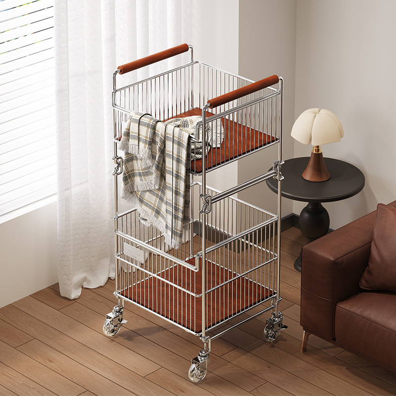 Household Double-Layer Dirty Clothes Basket Dirty Clothes Basket Bathroom High-End Laundry Basket Trolley Powder Room Storage Shelf