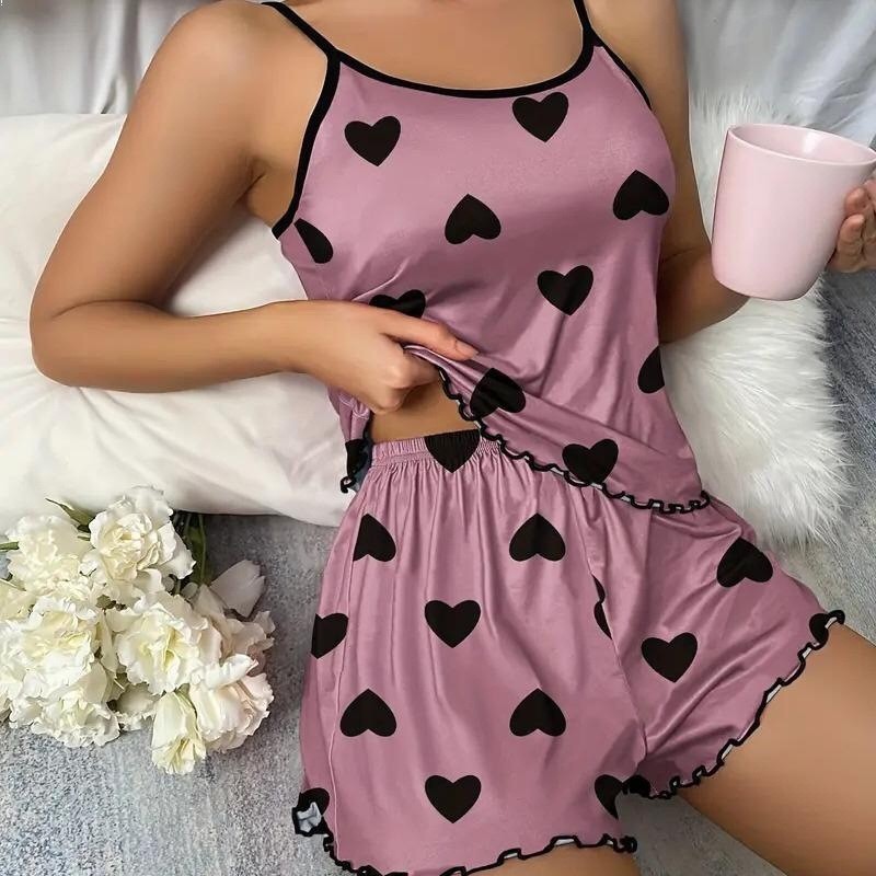 欧美外贸女士牛奶丝夏季吊带家居服套装柔软垂感可爱印花睡衣批发|undefined