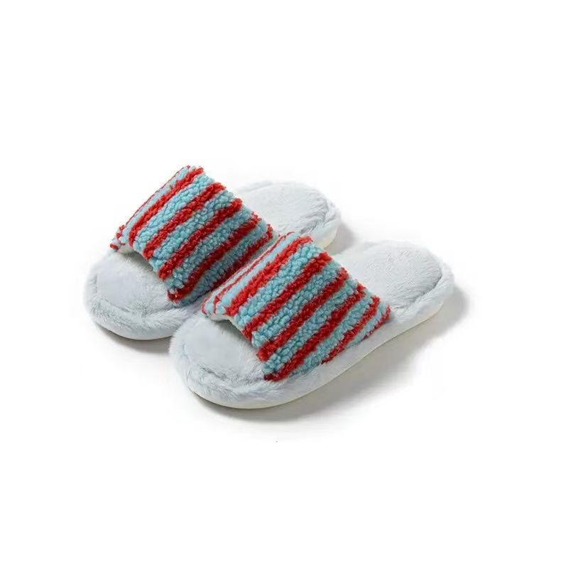 Moda versátil estilo retro lindas zapatillas de pelo de oso damas 2026 otoño y invierno nuevas zapatillas de algodón de peluche a rayas image 11