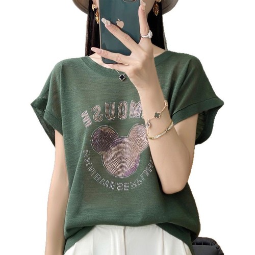 Women's Loose Fit Short Sleeve Round Neck T-Shirt with Beaded Decoration, Summer 2025, Thin Cotton, Casual and Versatile, Slimming