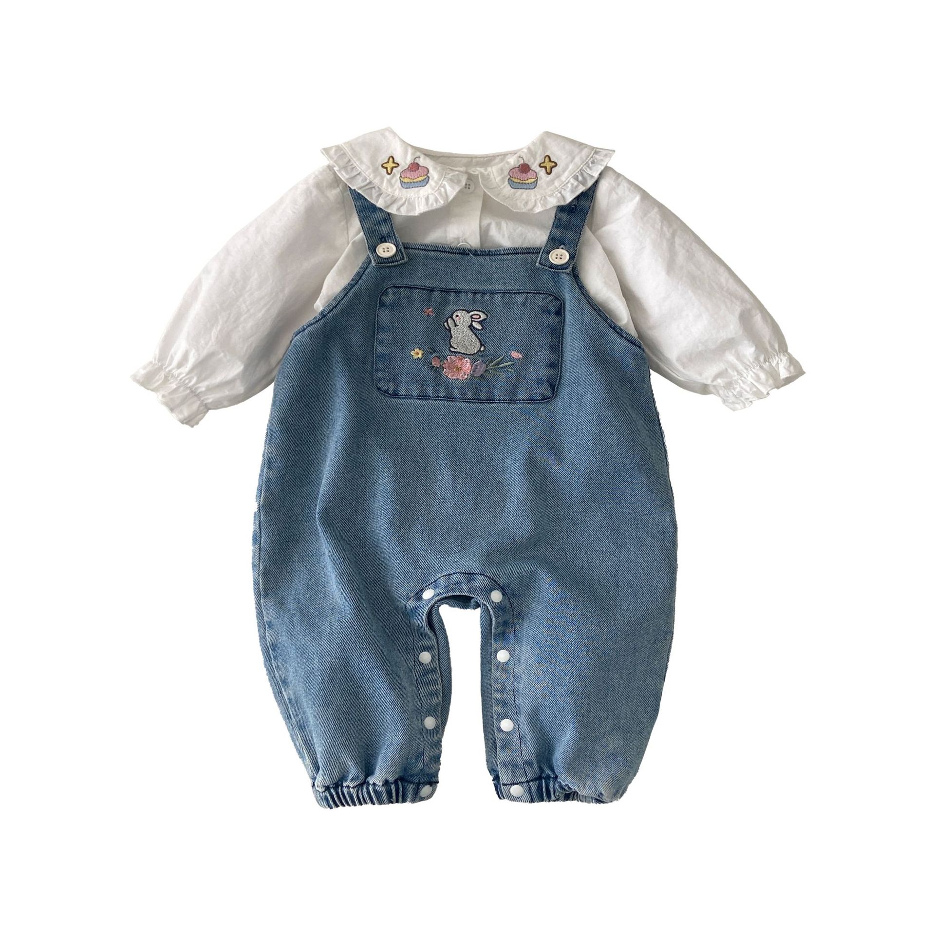 Traje de ropa de bebé 0-3 años, babero de mezclilla para niñas, top de manga larga, chaqueta de primavera y otoño de dos piezas