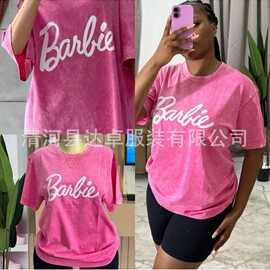 跨境美式复古水洗做旧纯棉短袖T恤女宽松潮牌卡通印花夏季新款