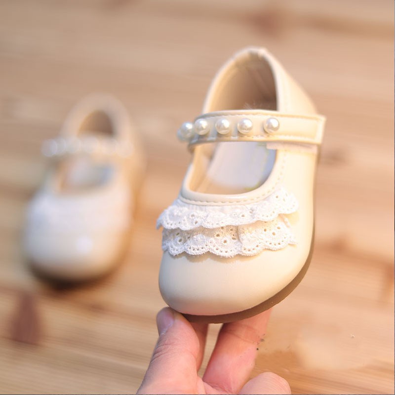 Girls' Small Leather Shoes Spring and Summer New Children's Soft-Soled Beanie Shoes Baby Girl Pearl Lace Princess Shoes Girls' Flats