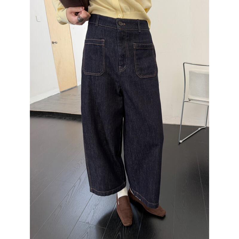 GAGD 'Chanel-style' high-waisted casual loose-fit pocket denim straight-leg cropped jeans for petite women, slimming effect