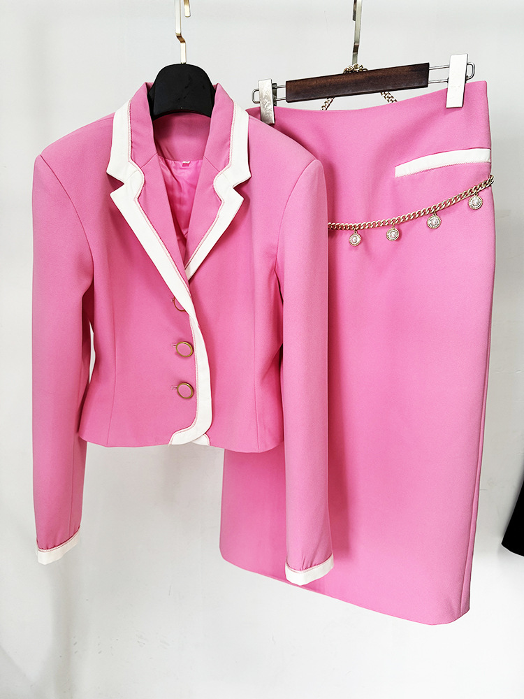 Women's Clothing star fashion white edge contrast small suit jacket mid length skirt suit two piece suit_voghion.com