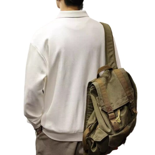 American-style high street polo shirt men's cotton and fleece long-sleeved winter and autumn white collar top coat