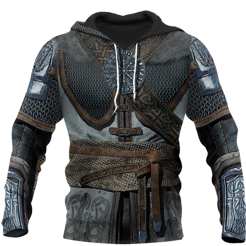 2024 Europa y América Primavera y otoño Moda nuevos hombres Viking Myth Series Cool Armor Print 3D Sudadera con capucha