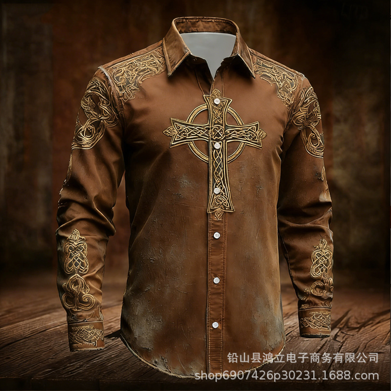 Men's Retro Christmas Cross Baroque Pattern 3D Printed White Shirt Hawaiian Beach Shirt Long Sleeve Men's Retro Christmas Cross Baroque Pattern 3D Printed White Shirt Hawaiian Beach Shirt Long Sleeve