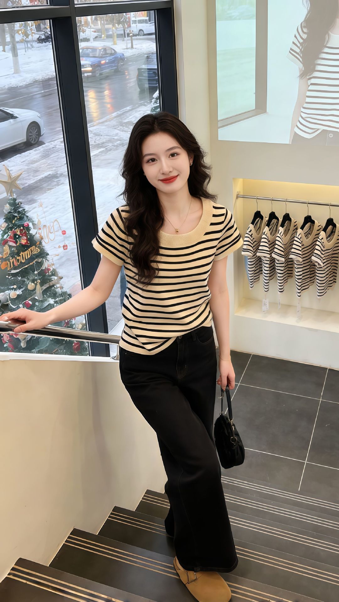 Áo thun nữ cổ U sọc kẻ ngang tay ngắn dệt kim sợi mát form ôm dáng ngắn — Đen dải màu trắng xen kẽ chi tiết 4