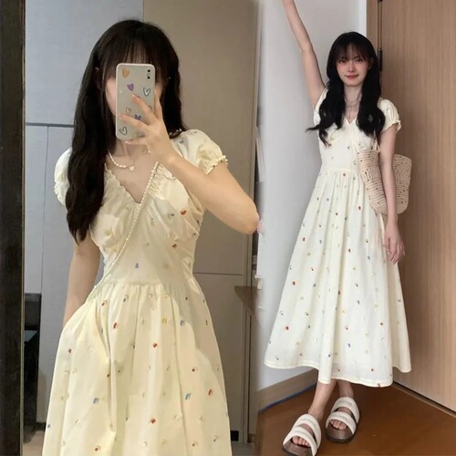 French-style design, sweet floral print, slimming summer milk white cute temperament waist-cinching ballet dress