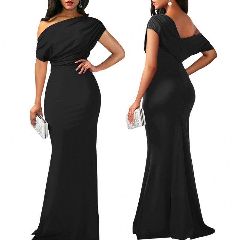 Cross-Border European and American Spring Women's Elegant Sleeveless Off-Shoulder Tight-Fitting Solid Color Long Party Dress Formal Gown