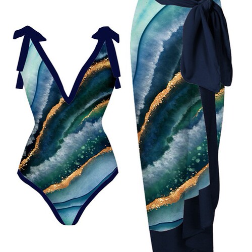 Retro European and American Conservative One-piece Bikini Swimwear Set for Women with Net Covered Blouse