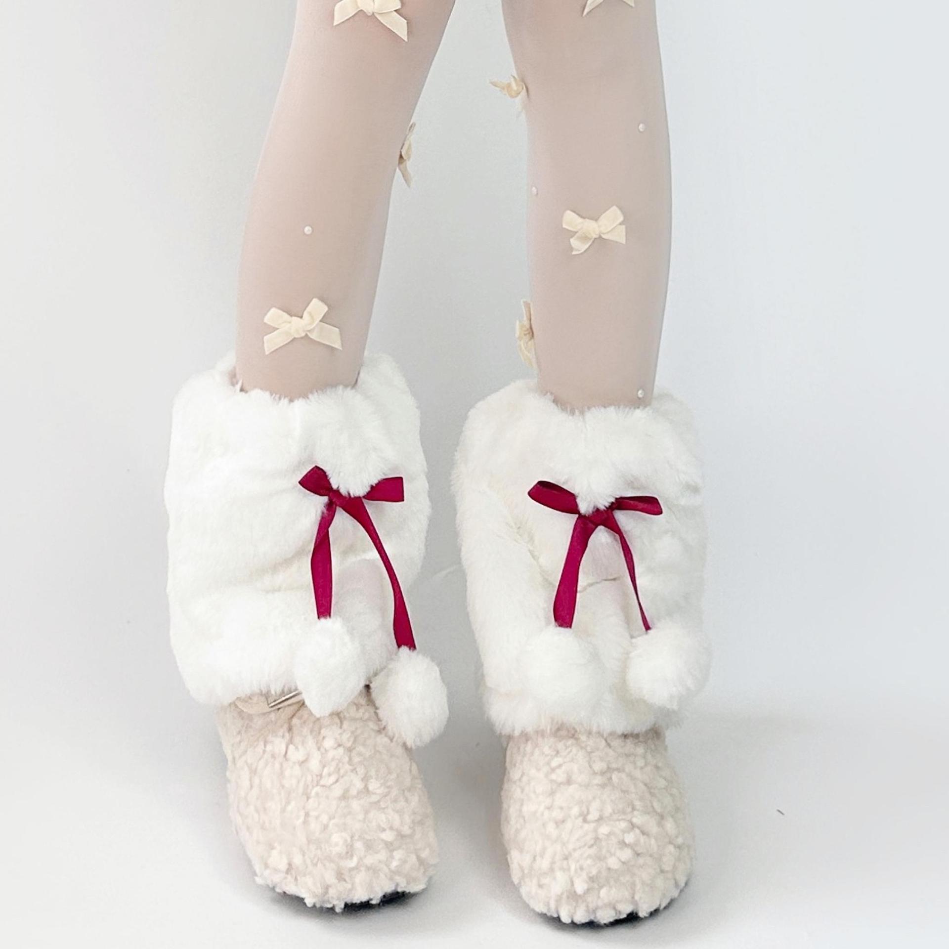 Leg Warmers Autumn And Winter Thick Warm Plush Socks Y2k Hot Girl Bow Tie Imitation Teddy Fur Niche Pile Calf Cover_voghion.com