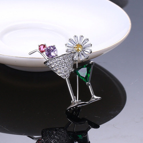 European and American creative personalized fashion cocktail glass brooch micro-encrusted zircon corsage trendy clothing accessories collar pin wholesale