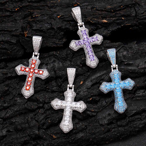 Blue Zirconium Cross Necklace Hip-Hop Fashion Heavy Work Diamond-Embedded Simple Clavicle Chain Unisex Pendant