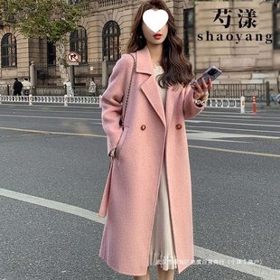 Pink Double-sided Fleece Coat Women's New Korean-style Loose Mid-length Lace-up Woolen Coat for Autumn and Winter 2024