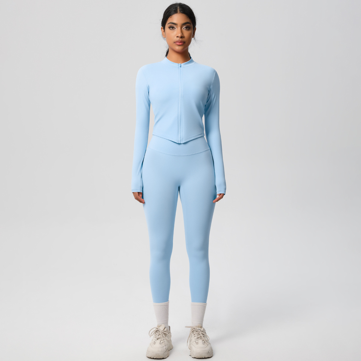 国境を越えた欧米の新型毛磨き裸感修身運動ファスナー長袖高腰ズボンセットフィットネスヨガセット