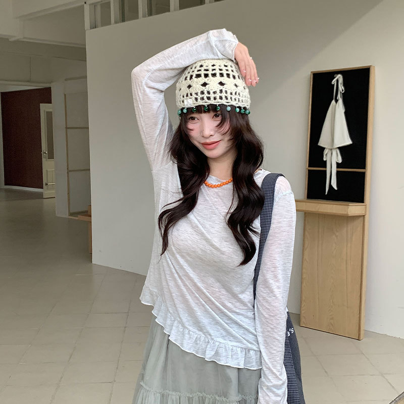 You think Thirteen Lines Spring/Summer New Long-Sleeved Slightly Sheer Sexy Patchwork Tencel Base Shirt Women's 31575