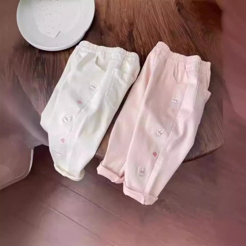 Spring and Autumn Girls' Korean Style Wide Leg Pants 2024 New Cartoon Embroidered Bunny Cute and Sweet Harlon Casual Long Pants