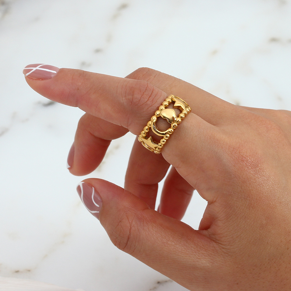 Fashion Stainless Steel Plated 18K Hollow Star Moon Heart-Shaped Ring