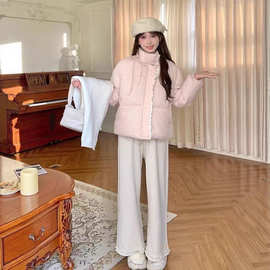 韩系甜美风花边蝴蝶结短款棉服外套女冬季新款加厚保暖立领面包服