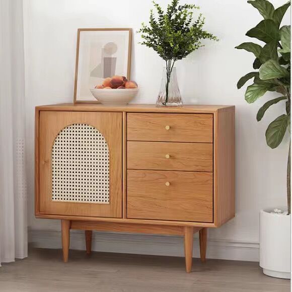 Nordic Cupboard Solid Wood Sideboard Simple Modern Living Room Tea Cabinet Storage Cabinet Japanese Rattan Door Cabinet