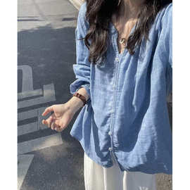 日系复古蓝色v领长袖衬衫女夏季慵懒风外搭防晒衬衣宽松罩衫上衣