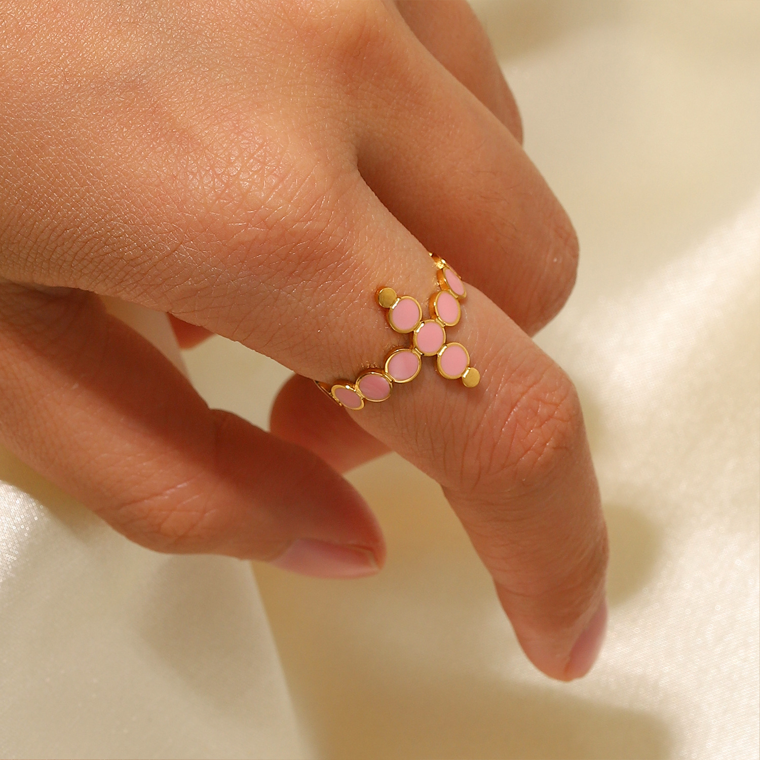 Fashion 18K Gold Plated Stainless Steel Pink Drip Circle Cross Opening Ringpicture1