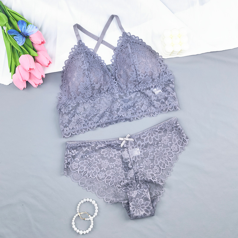 Conjunto de sujetadores de encaje transfronterizo cómodo y sexy, sin anillo de acero, ropa interior para niñas, confortable y pro-piel, conjunto de sujetadores