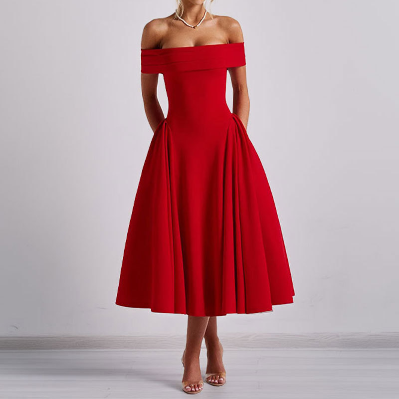 2025亚马逊跨境欧美风夏季女装时尚露肩性感风一字领纯色连衣裙女