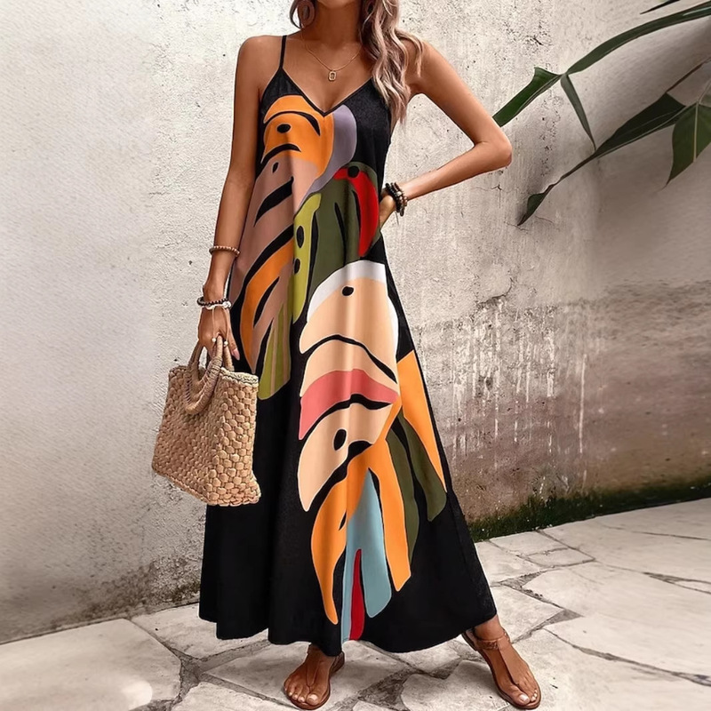 European and American Cross-Border Long Black Sleeveless V-Neck Strap Dress with Leaf Pattern, Tropical Style European and American Cross-Border Long Black Sleeveless V-Neck Strap Dress with Leaf Pattern, Tropical Style