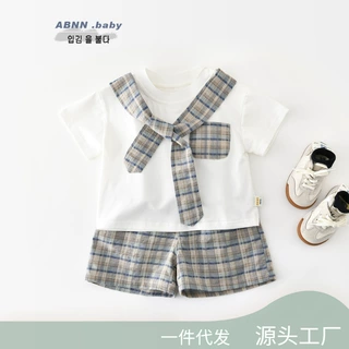夏季套装男女童格子领结宽松百搭T恤上衣格子短裤两件套62078