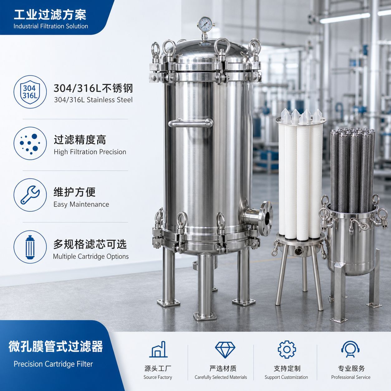 Sanitary Grade Multiple Material Filter Element Filter High-Efficiency Filtration Equipment Stainless Steel Precision Filter Element Filter