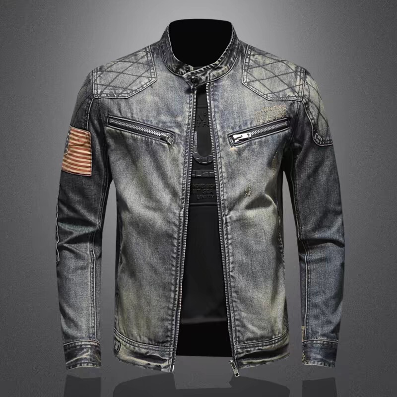 Spring and autumn vintage heavy-duty stand-up collar denim jacket for men, Japanese-style washed and distressed design, trendy couple's top