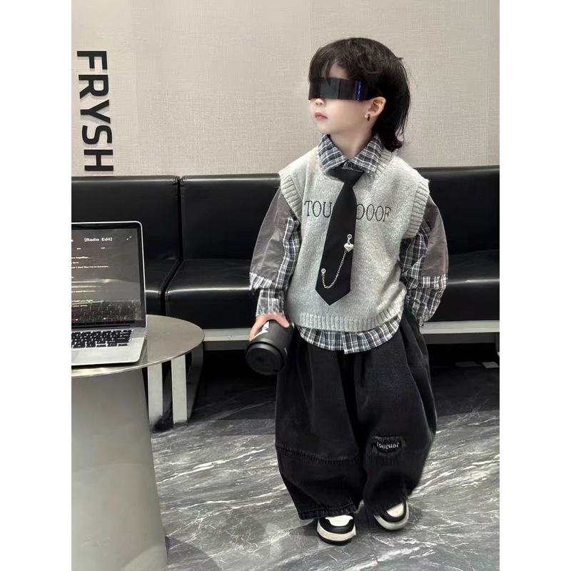 儿童套装洋气2025新款韩版男童学院拼接衬衫针织马甲裤子潮三件套|undefined