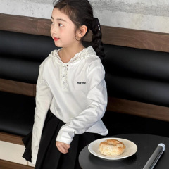 小红鱼女童长袖T恤儿童秋装2025新款衣服女孩洋气蕾丝连帽上衣潮