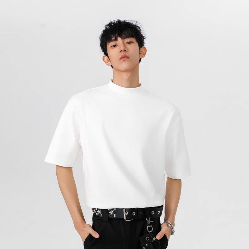 Half-high Collar Pure White Short-sleeved T-shirt Men's Summer New Arrival Loose Half-sleeved Clothes Trendy Brand Heavy Base Shirt