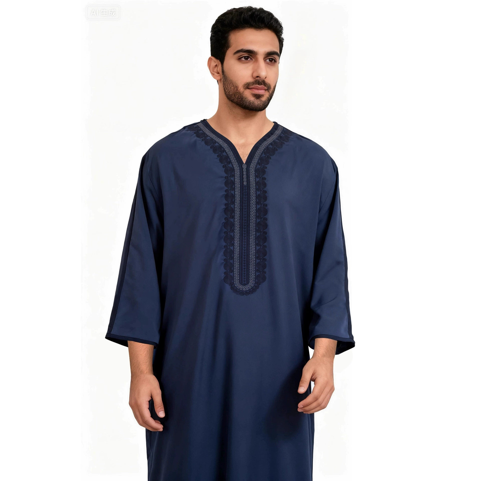 Новый мусульманский халат со средним рукавом и вышивкой, мужской халат в этническом стиле на Ближнем Востоке с боковым карманом, европейский и американский мусульманский халат