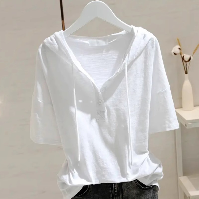 Áo thun nữ cotton 100% tay ngắn có mũ trùm đầu form rộng — Màu đen ((bông tre, mỏng và thoáng khí)) chi tiết 1