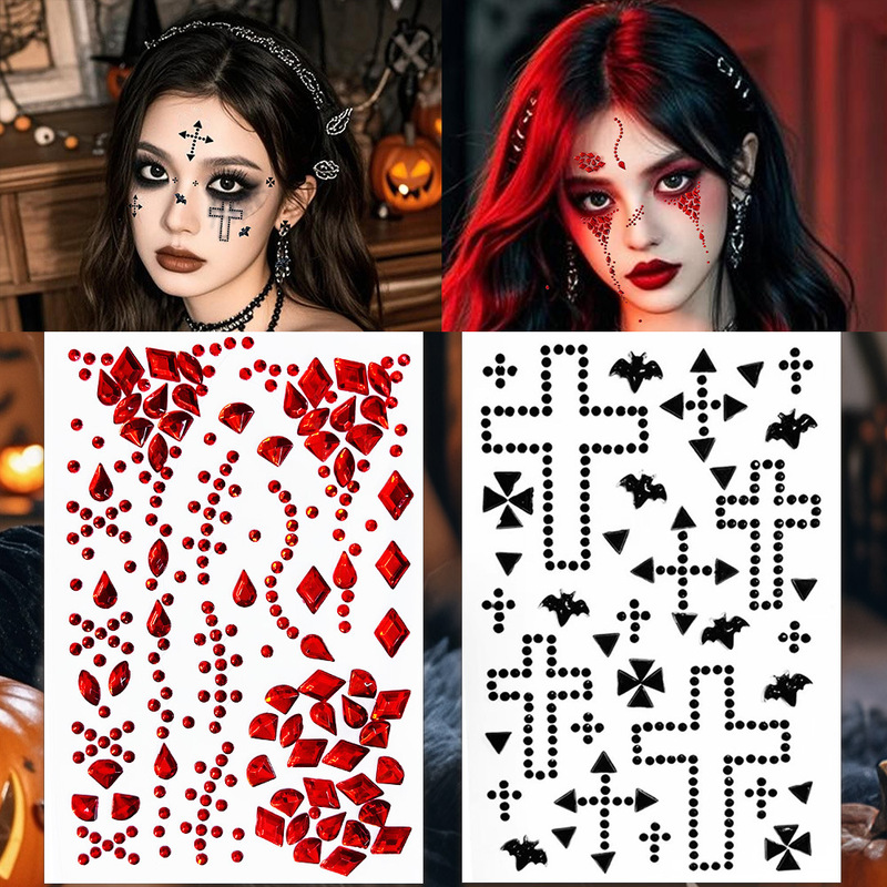 Halloween Face Stickers Scar Makeup Cross Ruby ​​Stickers Bloodthirsty Makeup Stage Eye Accessories Diamond Belt Back