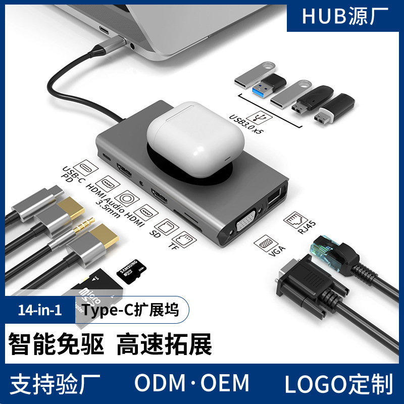Cross-border hot sale type c hun docking station usb hub multi-function hub dual HDMI gigabit docking station